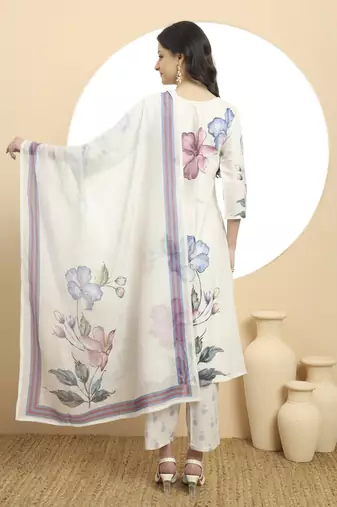  white linen cotton floral,sequins work a-line kurta dupatta set