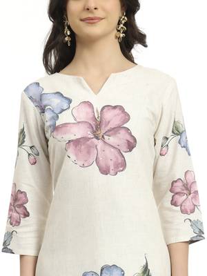  white linen cotton floral,sequins work a-line kurta dupatta set 4