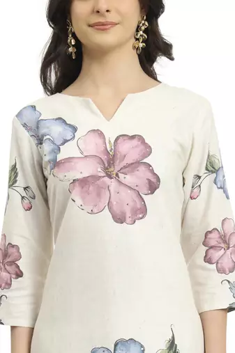  white linen cotton floral,sequins work a-line kurta dupatta set