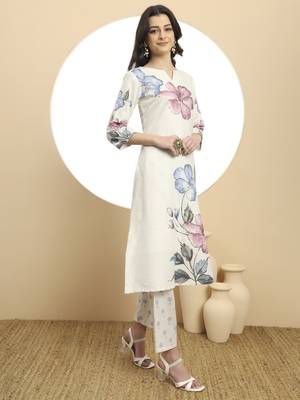  white linen cotton floral,sequins work a-line kurta dupatta set 5