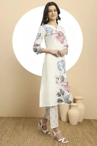  white linen cotton floral,sequins work a-line kurta dupatta set