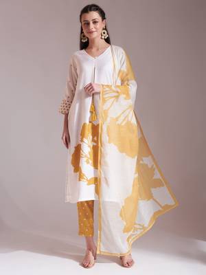  yellow and white linen cotton straight kurta dupatta set 1