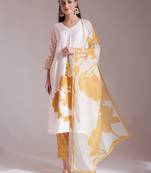  yellow and white linen cotton straight kurta dupatta set