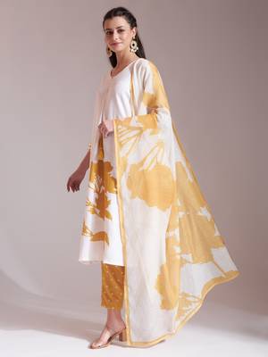  yellow and white linen cotton straight kurta dupatta set 2