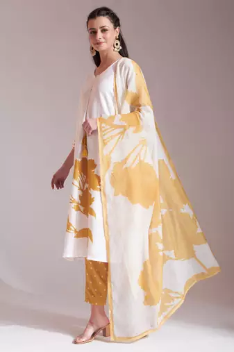  yellow and white linen cotton straight kurta dupatta set