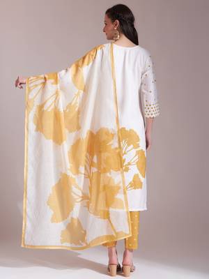  yellow and white linen cotton straight kurta dupatta set 3