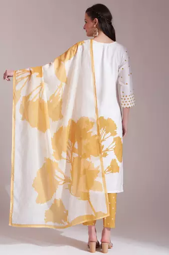  yellow and white linen cotton straight kurta dupatta set