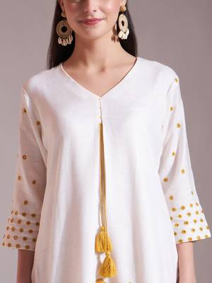 yellow and white linen cotton straight kurta dupatta set 4