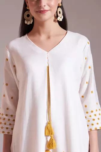  yellow and white linen cotton straight kurta dupatta set