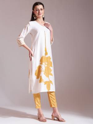  yellow and white linen cotton straight kurta dupatta set 5