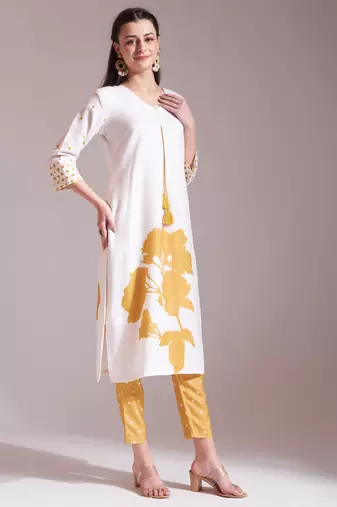  yellow and white linen cotton straight kurta dupatta set