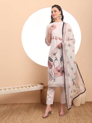  cream linen cotton straight floral,tassels work kurta dupatta set 1