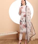  cream linen cotton straight floral,tassels work kurta dupatta set
