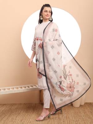  cream linen cotton straight floral,tassels work kurta dupatta set 2