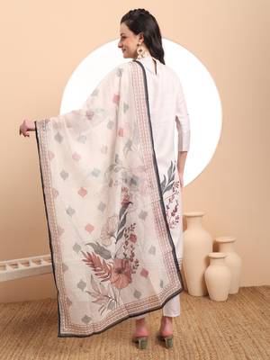  cream linen cotton straight floral,tassels work kurta dupatta set 3