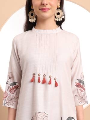  cream linen cotton straight floral,tassels work kurta dupatta set 4