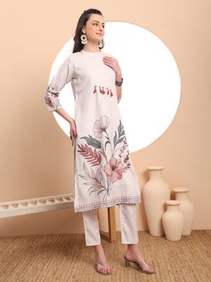  cream linen cotton straight floral,tassels work kurta dupatta set 5