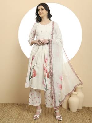  white linen cotton a-line kurta dupatta set 1