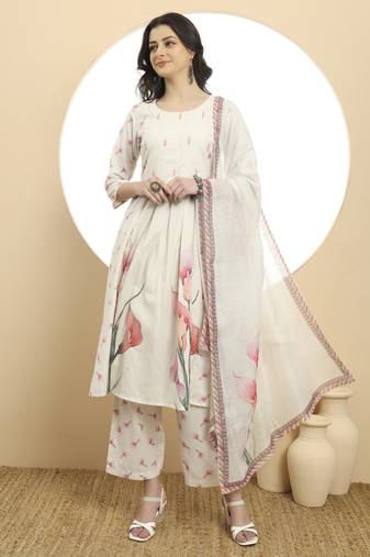  white linen cotton a-line kurta dupatta set