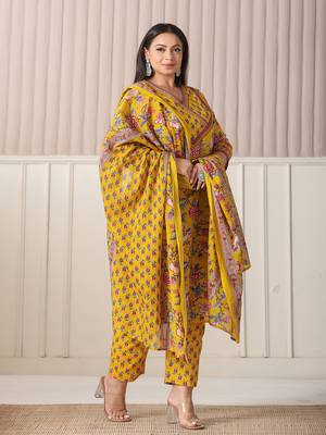 yellow floral print cotton cutdana work plus size kurta set with pant & dupatta 1