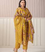 yellow floral print cotton cutdana work plus size kurta set with pant & dupatta