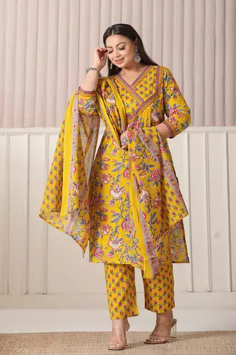yellow floral print cotton cutdana work plus size kurta set with pant & dupatta