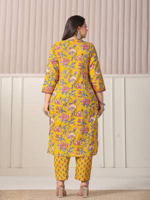 yellow floral print cotton cutdana work plus size kurta set with pant & dupatta 3