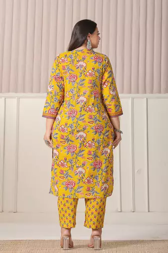 yellow floral print cotton cutdana work plus size kurta set with pant & dupatta