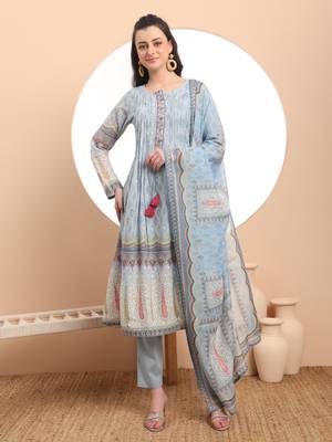 Multicolor cotton blue kurta dupatta pant set 1