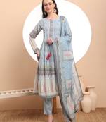 Multicolor cotton blue kurta dupatta pant set