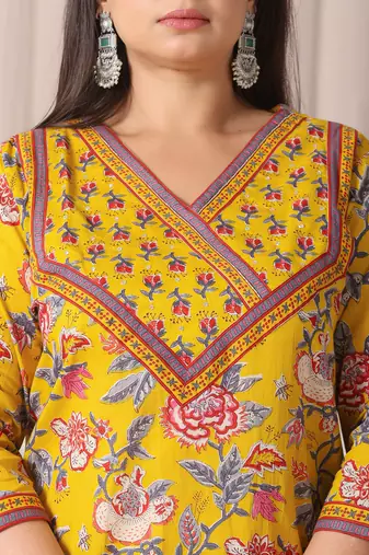 yellow floral print cotton cutdana work plus size kurta set with pant & dupatta
