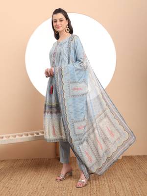 Multicolor cotton blue kurta dupatta pant set 2