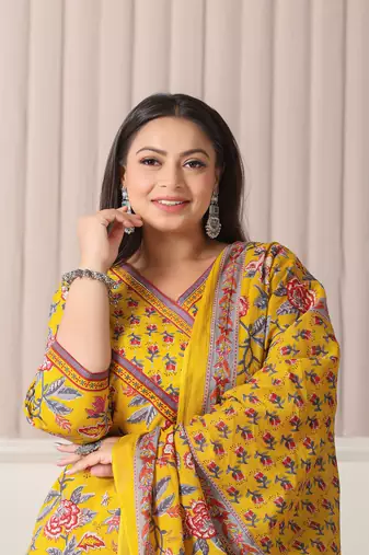 yellow floral print cotton cutdana work plus size kurta set with pant & dupatta