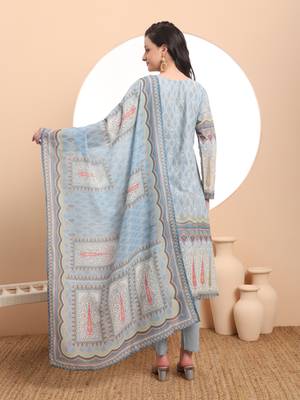 Multicolor cotton blue kurta dupatta pant set 3