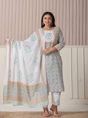white and blue cotton straight plus size kurta pant dupatta set 1