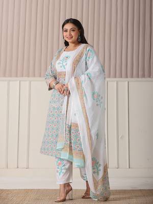 white and blue cotton straight plus size kurta pant dupatta set 2