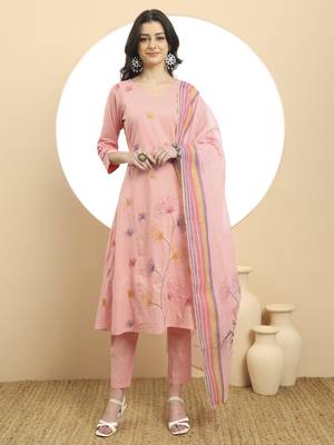  pure cotton pink a line kurta dupatta pant set 1