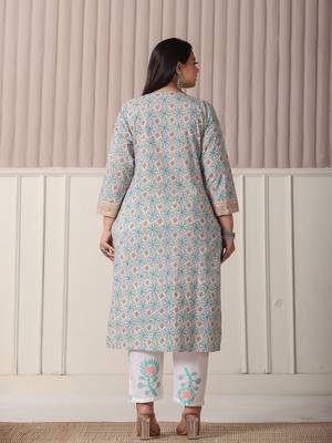 white and blue cotton straight plus size kurta pant dupatta set 3