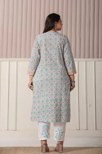 white and blue cotton straight plus size kurta pant dupatta set