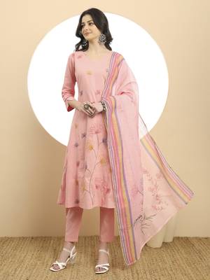  pure cotton pink a line kurta dupatta pant set 2