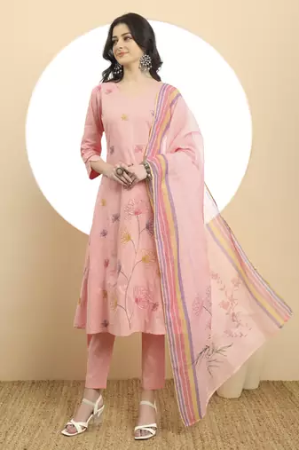  pure cotton pink a line kurta dupatta pant set