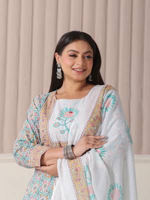 white and blue cotton straight plus size kurta pant dupatta set 5