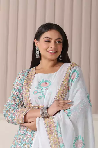 white and blue cotton straight plus size kurta pant dupatta set