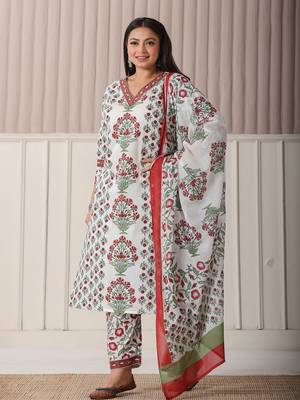 white and green cotton,sequins work plus size straight kurta pant dupatta set 1
