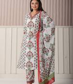 white and green cotton,sequins work plus size straight kurta pant dupatta set