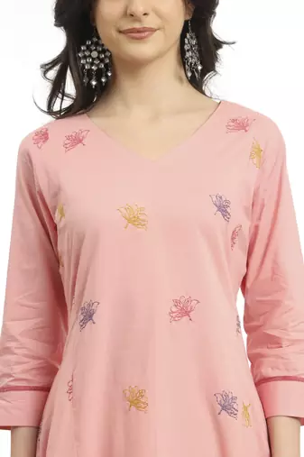  pure cotton pink a line kurta dupatta pant set