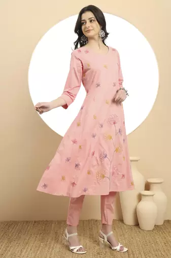  pure cotton pink a line kurta dupatta pant set