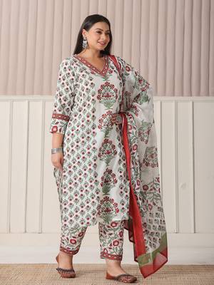 white and green cotton,sequins work plus size straight kurta pant dupatta set 2