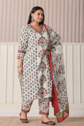 white and green cotton,sequins work plus size straight kurta pant dupatta set
