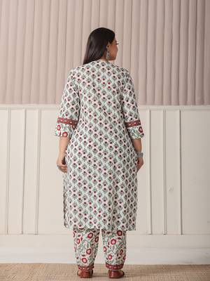 white and green cotton,sequins work plus size straight kurta pant dupatta set 3